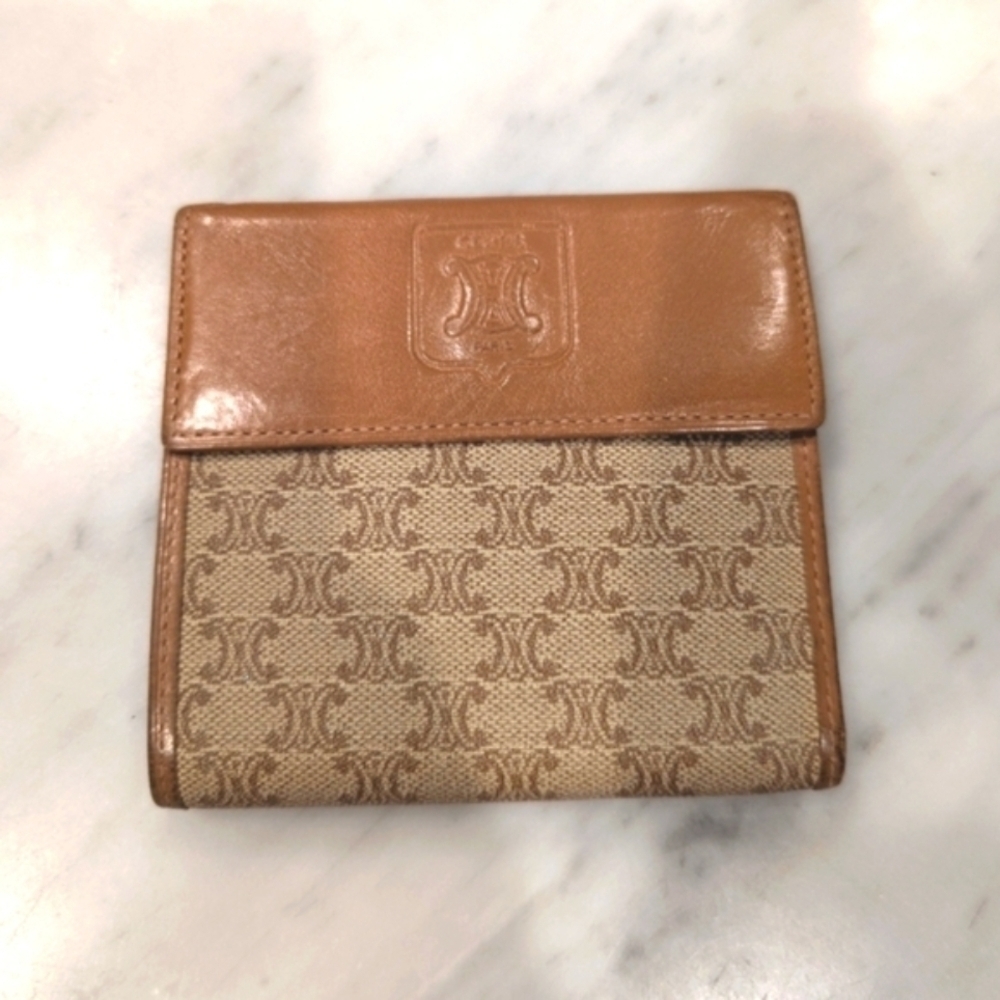 CELINE Signature Macadam Trifold Leather Wallet Tan and Beige